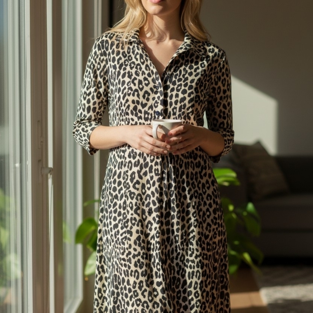 Jude Connally Meghan Leopard Print Dress M Stretch Tunic Shift Made in USA